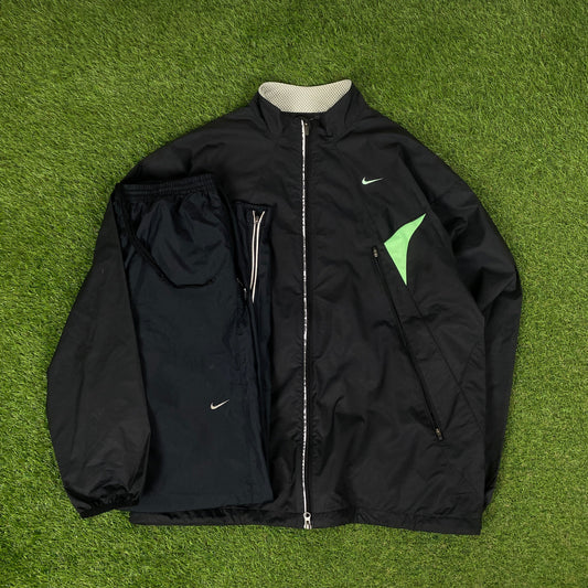 00s Nike Clima Fit Piping Windbreaker Tracksuit Set Jacket + Joggers Black XL