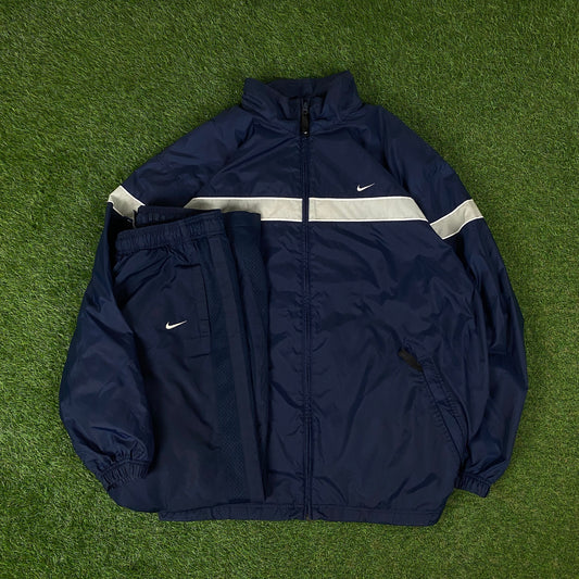 90s Nike Piping Windbreaker Tracksuit Set Jacket + Joggers Blue XL