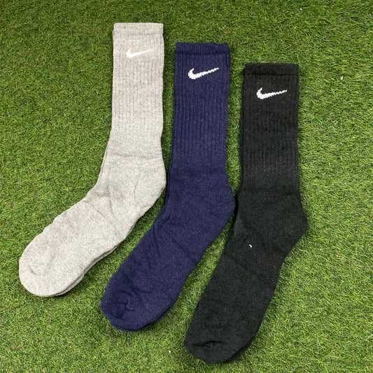 Vintage Nike Socks 3 Pack Grey Blue Black UK12-9